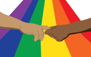 Two hands, one light-skinned and one dark-skinned, touch with their index fingers against a rainbow background symbolizing LGBTQ+ pride and unity, reflecting how the WUSA Glow Centre stays connected despite threats of violence.