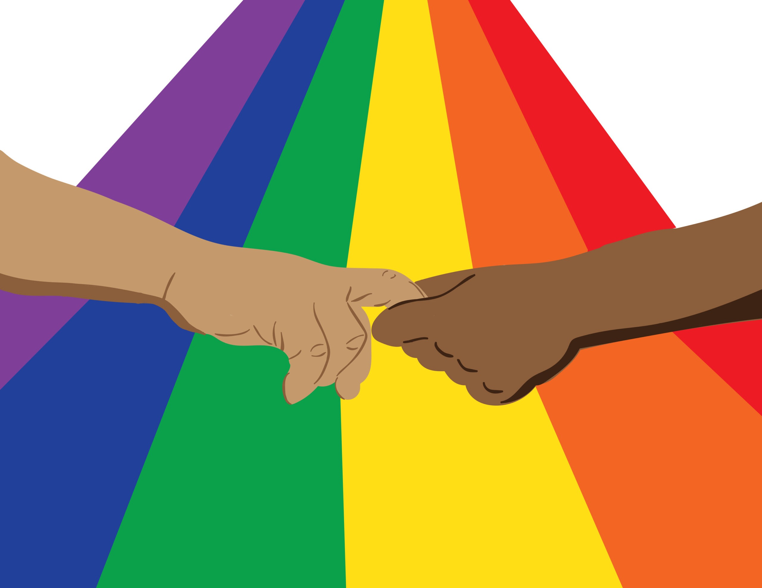 Two hands, one light-skinned and one dark-skinned, touch with their index fingers against a rainbow background symbolizing LGBTQ+ pride and unity, reflecting how the WUSA Glow Centre stays connected despite threats of violence.