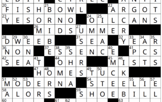 A completed November crossword solutions grid features answers like BOBS, YES OR NO, FISHBOWL, MIDSUMMER, HOMESTUCK, STEELIE, and MODERNA arranged in a classic black-and-white puzzle layout.