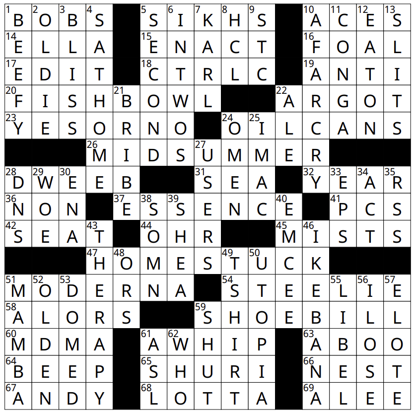 A completed November crossword solutions grid features answers like BOBS, YES OR NO, FISHBOWL, MIDSUMMER, HOMESTUCK, STEELIE, and MODERNA arranged in a classic black-and-white puzzle layout.