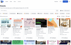 A Wat2Do webpage listing upcoming Waterloo university club events, featuring event cards with titles, dates, images, and tags like networking, games, and workshops. The header reads “Events” with a search bar and filter options above the listings.