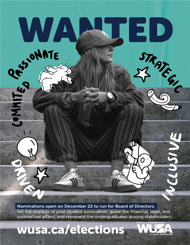 A young woman in casual clothes and a cap sits cross-legged, looking to the side. Illustrations and words like "Passionate" and "Inclusive" surround her. WUSA election nominations info is at the bottom.