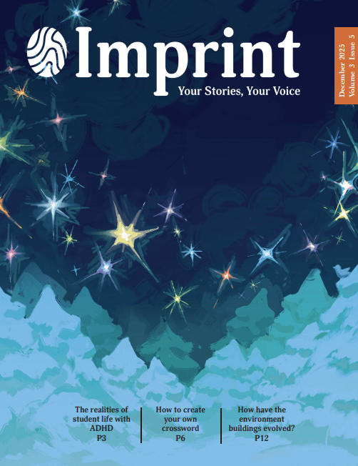 An illustrated magazine cover features a night sky with glowing stars above a snowy pine forest. The title "Imprint" appears at the top, with article teasers about ADHD, crosswords, and environmental buildings.