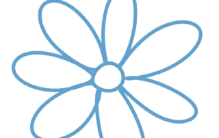 A simple blue line drawing of a flower with eight elongated petals and a round center, set against a plain white background, subtly conveying the focus and clarity often sought during an ADHD diagnosis.
