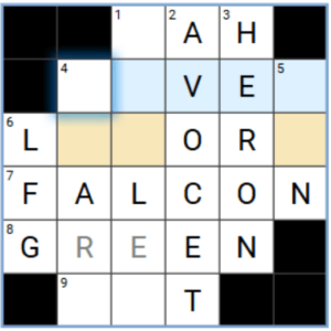 A partially-filled crossword puzzle with the words "HAVE," "LORD," "FALCON," and "GREEN" visible. Several black squares and some blank white squares are present.