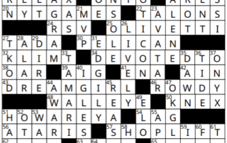 A completed crossword puzzle with answers filled in, featuring January crossword solutions like "RELAX," "NYTGAMES," "PELICAN," "DREAMGIRL," "WALLEYE," "ATARI," and "SHOPLIFT" among others.
