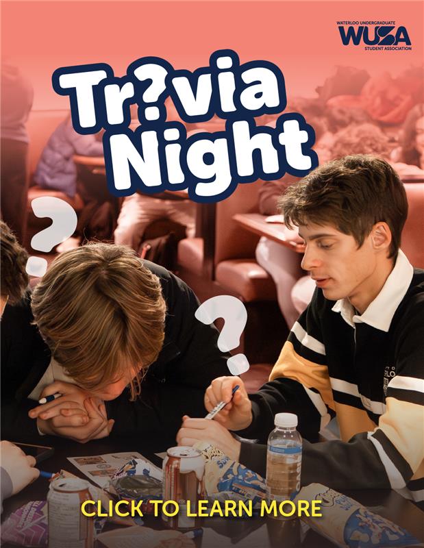 Two students sit at a table, focused on solving a problem with papers, snacks, and drinks in front of them. Large text reads "Trivia Night?" with question marks, and "Click to Learn More" is written at the bottom.