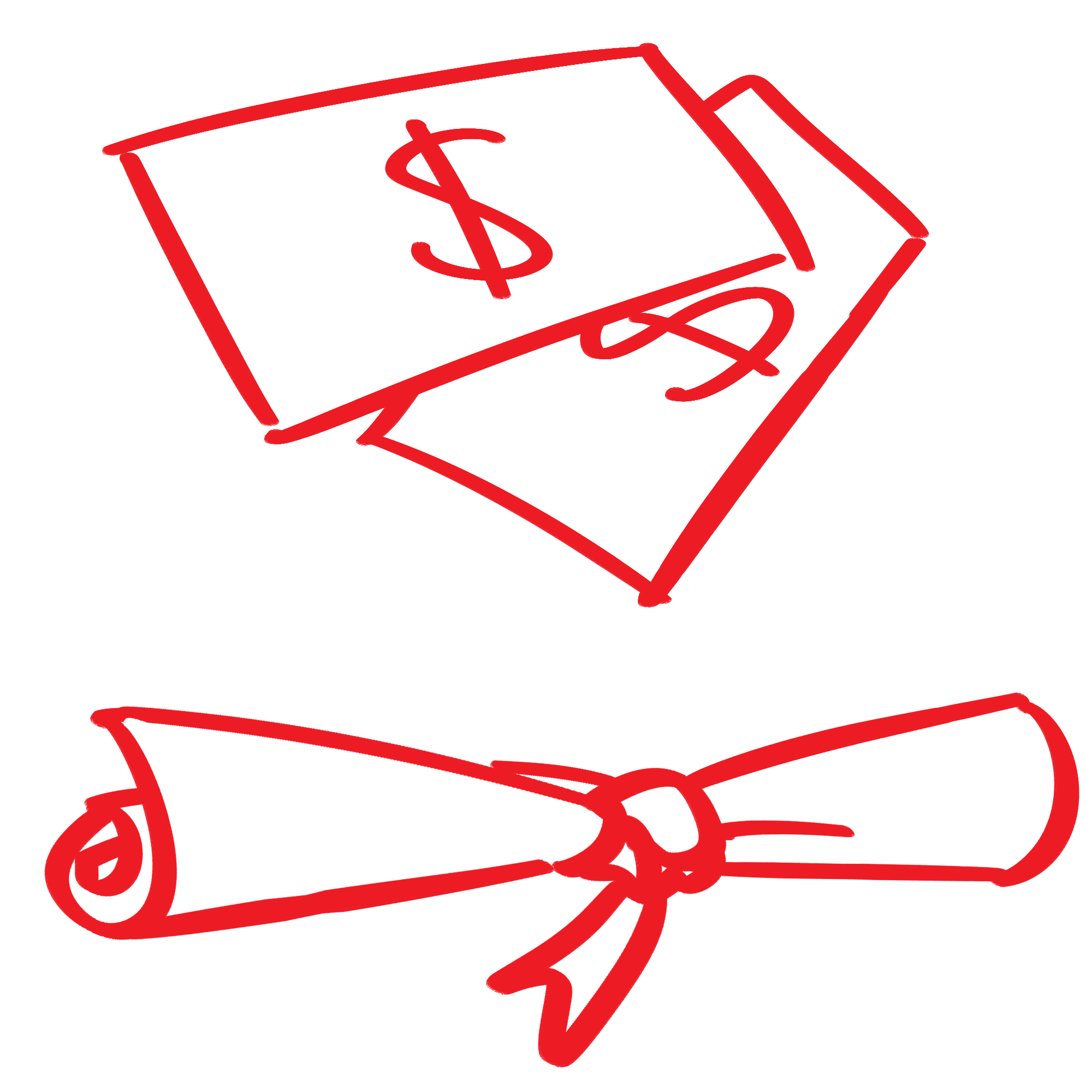 A simple red line drawing of two dollar bills above a rolled-up diploma tied with a ribbon, representing bursaries and scholarships at comprehensive universities, on a white background.
