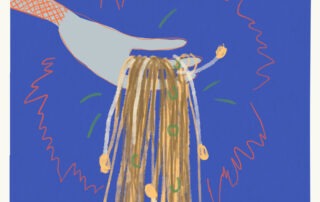 A stylized drawing of a hand grabbing a handful of noodles with peanuts, green herbs, and a hint of spice, set against a solid blue background with orange sketchy lines.