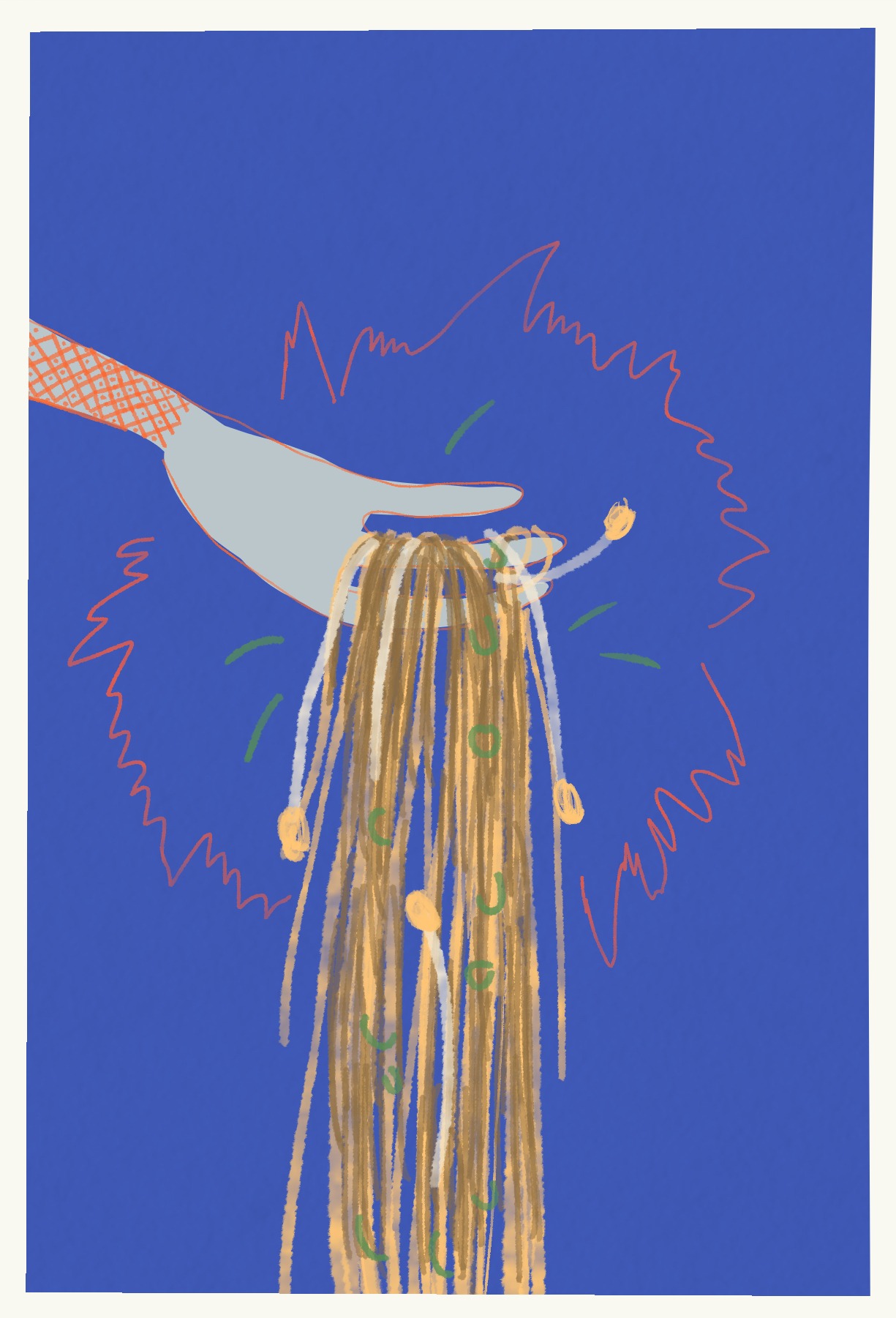 A stylized drawing of a hand grabbing a handful of noodles with peanuts, green herbs, and a hint of spice, set against a solid blue background with orange sketchy lines.
