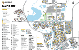 Campus map of the UW campus displaying building locations, parking lots, pathways, water features, and a legend listing building names and transit stops, plus color-coded icons for services, accessibility features, and emergency helpline poles marked for removal.