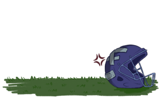 A purple football helmet lies on green grass, with red lines above it suggesting impact or emphasis—a striking reminder of concussions in university sports. The background is mostly white and empty.