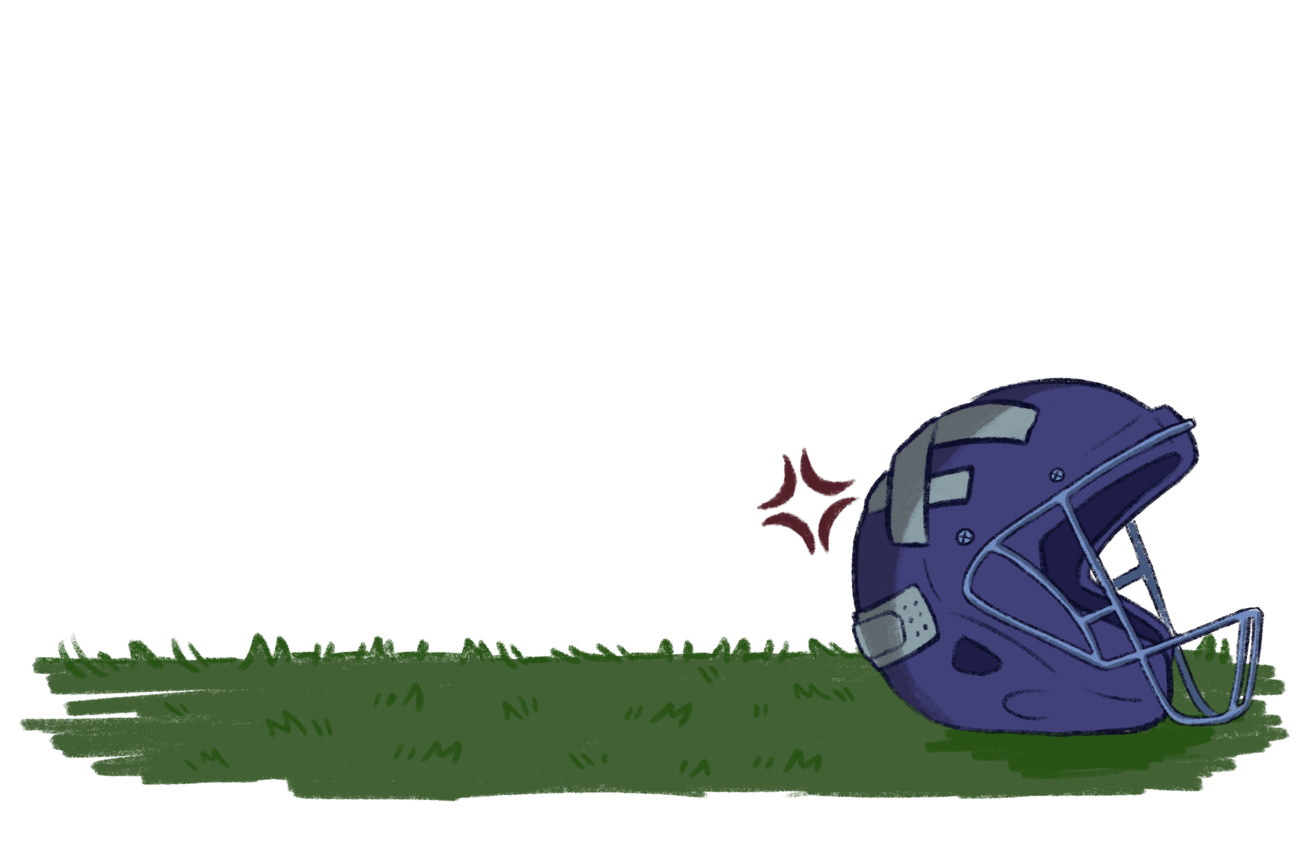 A purple football helmet lies on green grass, with red lines above it suggesting impact or emphasis—a striking reminder of concussions in university sports. The background is mostly white and empty.