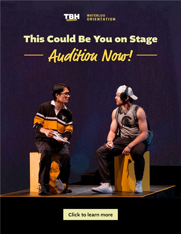 Two students sit on stage under spotlights, talking. One holds a notebook; the other wears a backwards cap and headphones. Text above reads, “This Could Be You on Stage. Audition Now!” with a button below saying, “Click to learn more.”.