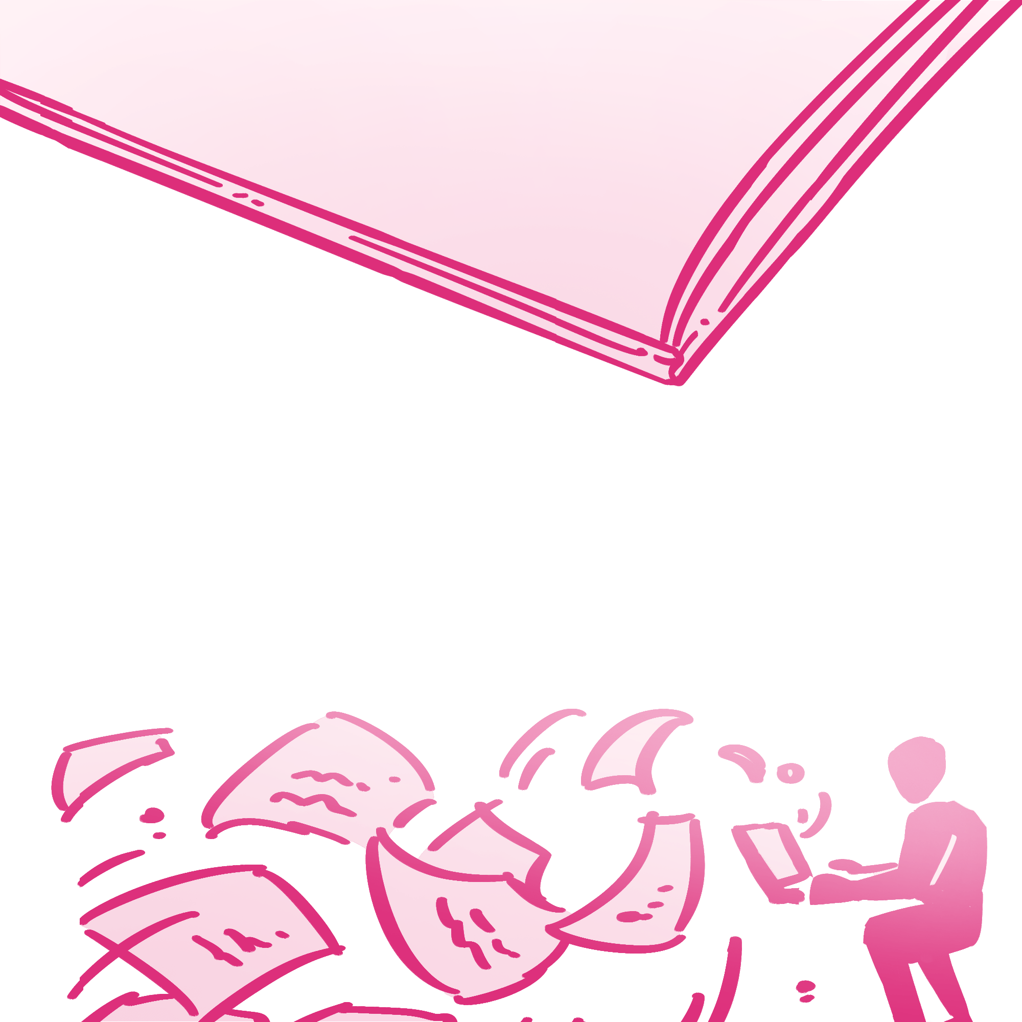 A pink illustration shows a large book at the top, while a person sits at a laptop below, surrounded by flying sheets of paper—capturing the chaos and creativity of student note-taking inspired by UW arts professors.