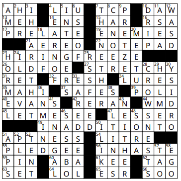 A completed crossword puzzle with black and white squares. Various answers, including "AHI," "HIRING FREEZE," and "LET ME SEE," fill the grid—showcasing some of this month's April crossword solutions.