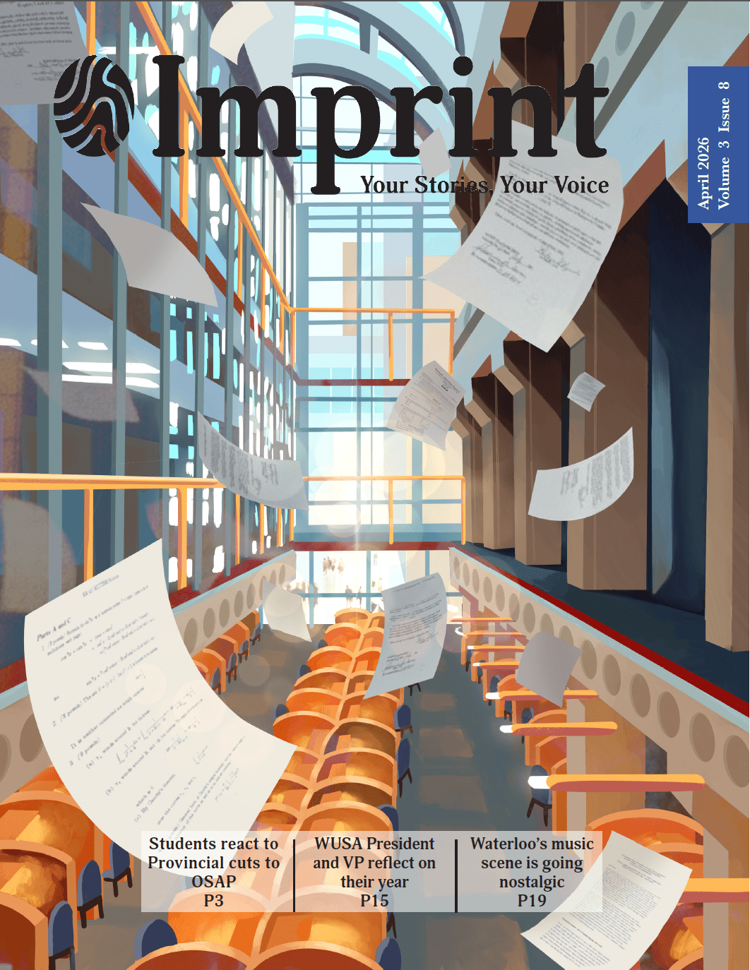 Cover of the April 2026 Publication of Imprint magazine showing a large, modern library with tall windows, orange chairs, and papers floating in the air. The issue highlights provincial cuts, student government, and nostalgic music.
