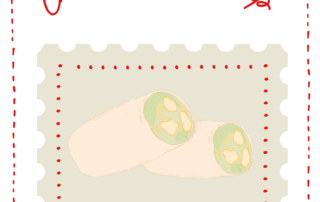 Illustration of two Chicken Caesar wraps on a beige background with a red dotted border, surrounded by a white stamp-like frame. The text reads "Chicken Caesar Wrap" and "April 2026." Perfect for any Caesar wrap fan.