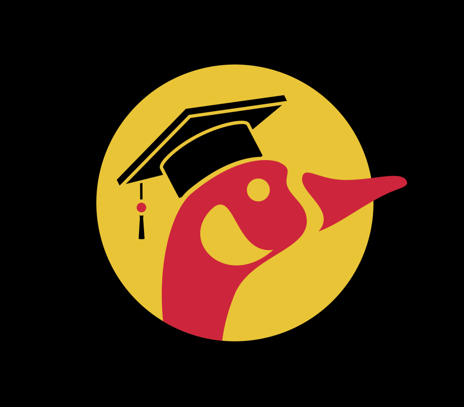 A stylized red goose wearing a black graduation cap is shown inside a yellow circle against a black background.