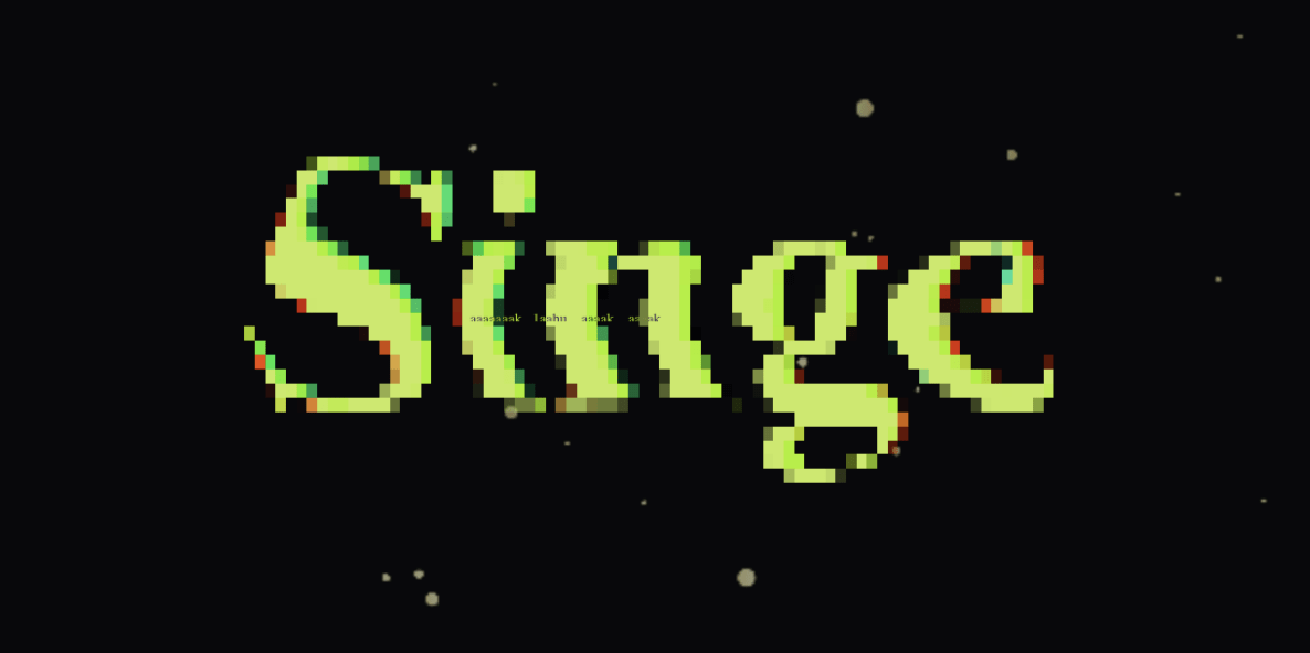 The word "Singe" appears in pixelated, glitchy yellow-green text on a black background, with scattered small dots resembling stars or dust—inviting you to find out if you're cooked enough to ace this quiz.