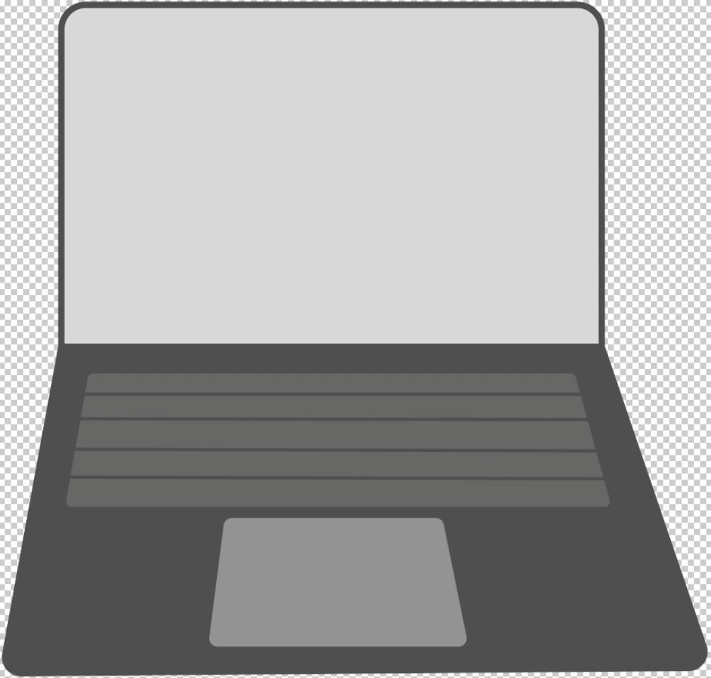 A simple, flat illustration of an open laptop with a blank screen, visible keyboard, and touchpad. The gray device, viewed from a slightly elevated front angle, subtly encourages digital wellbeing and mindful screen time.
