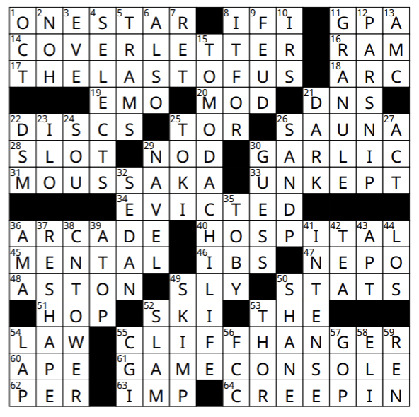 A May crossword solutions grid featuring words like COVER LETTER, THE LAST OF US, MOUSSAKA, HOSPITAL, CLIFFHANGER, and GAME CONSOLE. A few blank squares are still waiting to be filled.