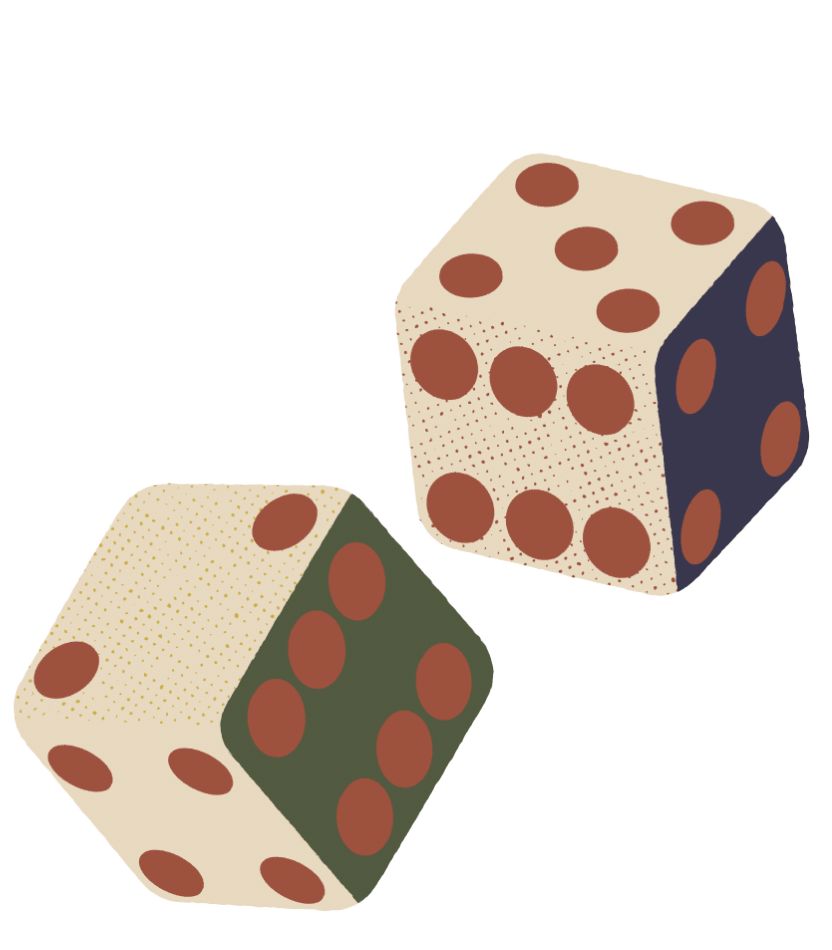 Two illustrated dice with cream-colored faces and large red dots, each angled to show three sides. With one die green and the other dark blue, they add a touch of fantasy to any game or community gathering.