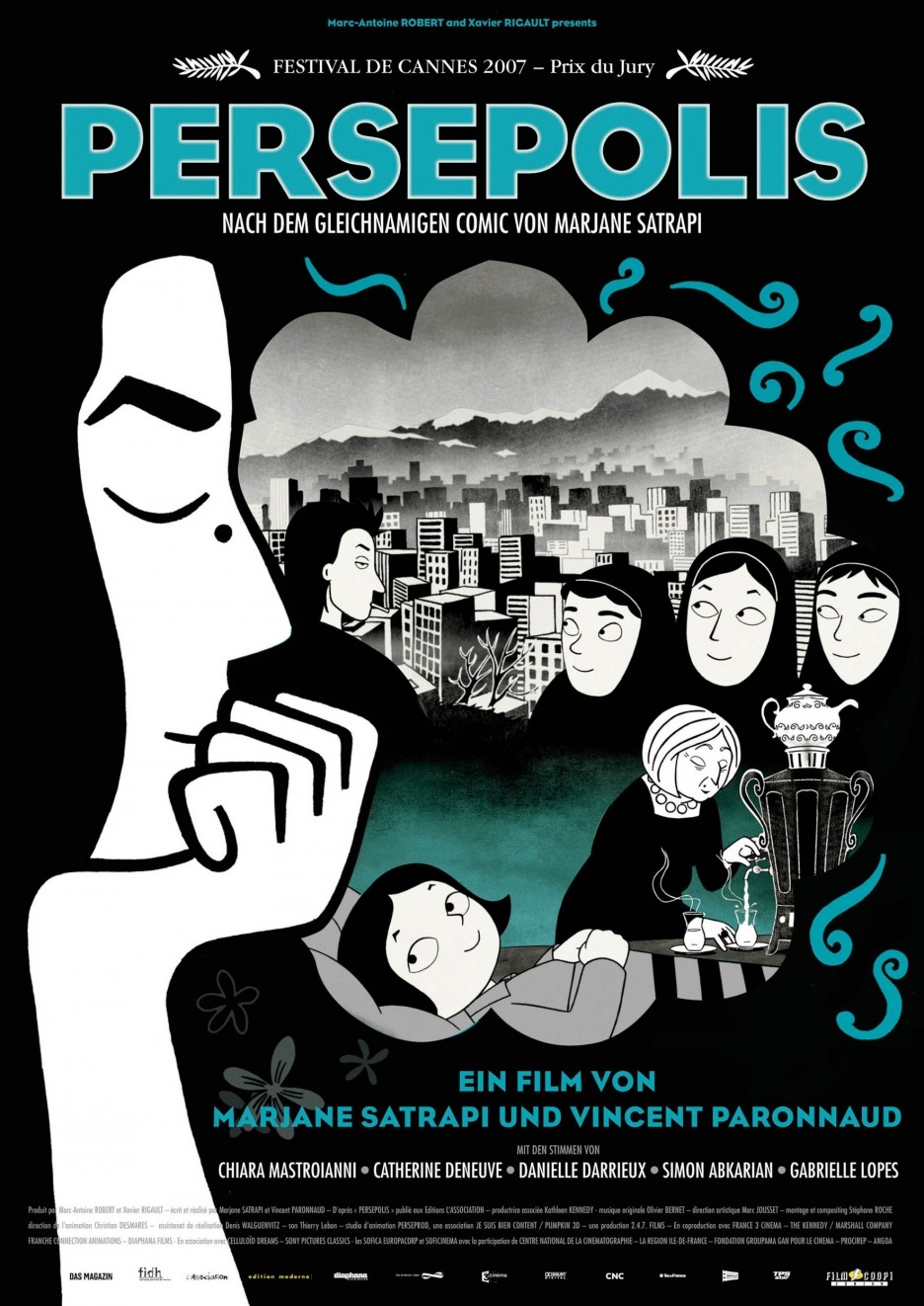 Poster for the animated movie "Persepolis" shows a stylized drawing of a woman with her hand on her chin, thinking. Black-and-white scenes of Iranian life and family surround her against a dark background.