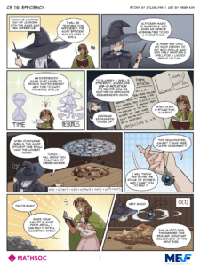 A MathSoc Cartoons comic strip shows two women discussing spell efficiency and resource management, using math and magic to break down complex concepts with scenes of spell casting, time manipulation, and labeled diagrams of computational complexity.