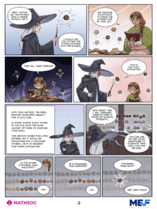 A MathSoc Cartoons comic strip shows a wizard explaining complex concepts behind spell symbols to a student, illustrating increasing spell effects with more symbols and using floating rocks to compare each spell’s power.
