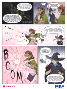 A young wizard explains complex concepts to her master, accidentally causes a magical explosion while demonstrating, and is scolded for making the task harder. The colorful MathSoc Cartoons comic bursts with magical effects and expressive characters.