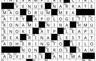 A completed crossword puzzle with words like OATH, SHRED, THE VAMPIRE, APOLOGEMIC, ADVERSE, ENOKI, BEAR, IRONICALLY, and others perfectly filling all blank squares—just as seen in July crossword solutions. The black and white grid features numbered squares marking the clues.