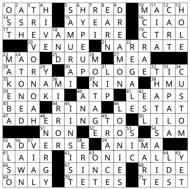 A completed crossword puzzle with words like OATH, SHRED, THE VAMPIRE, APOLOGEMIC, ADVERSE, ENOKI, BEAR, IRONICALLY, and others perfectly filling all blank squares—just as seen in July crossword solutions. The black and white grid features numbered squares marking the clues.