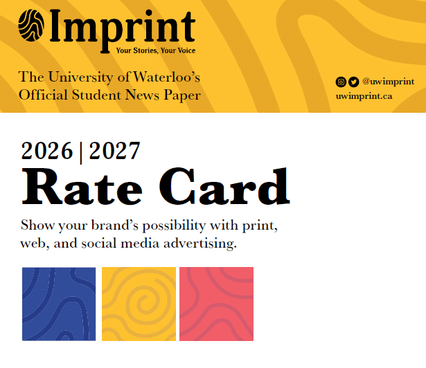 Imprint newspaper 2026-2027 rate card cover, featuring abstract patterns in blue, yellow, and red blocks, with the University of Waterloo branding and contact details.
