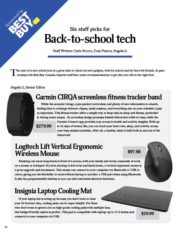 A magazine page showcases three Staff Picks for back-to-school tech: a Garmin fitness tracker band, a Logitech ergonomic wireless mouse, and an Insignia laptop cooling mat, each with descriptions, prices, and images of the products available at Best Buy.