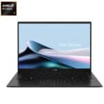 ASUS Zenbook laptop with an open screen displaying “ASUS Zenbook.” The laptop features a black keyboard and a touchpad with a numeric keypad. An AMD Ryzen 7 logo is shown in the top left corner, making it a standout option for Back to School Tech and one of our Staff Picks at Best Buy.
