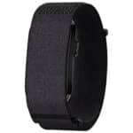 A black fitness tracker with a fabric band and a hidden display, shown from an angled side view. The buckle and textured strap are clearly visible—an ideal Staff Pick for Back to School Tech at Best Buy.